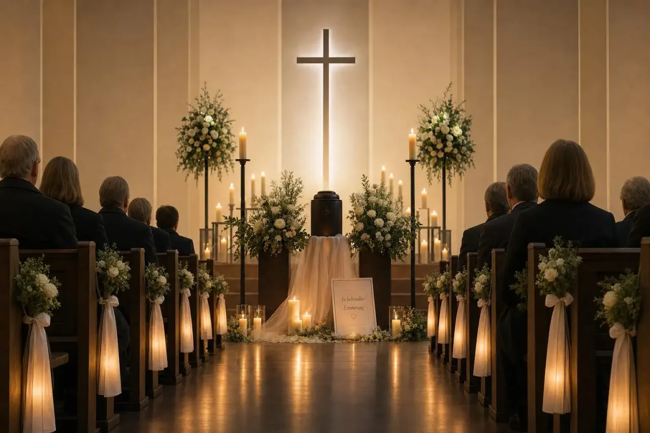 Trauerfeier in einer Kirche mit Urne, Kerzen und Blumenschmuck